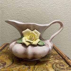 Vtg Capodimonte porcelain flower vase taupe. Cream Pitcher w/yellow rose - Italy